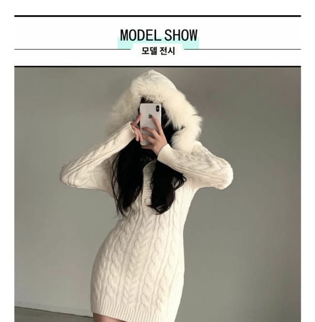 2026 신제품 순수한 욕망 바람 몸매 가꾸기 슬림해 보이는 심지어 모자 밴드 모피 칼라 꽈배기 쇼트 스타일 드레스 타이트 스커트 상세 이미지 1