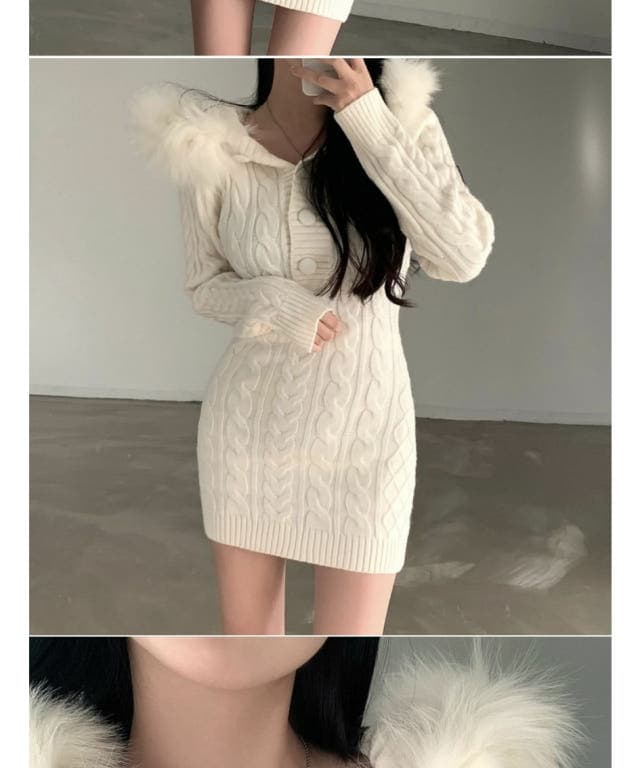 2026 신제품 순수한 욕망 바람 몸매 가꾸기 슬림해 보이는 심지어 모자 밴드 모피 칼라 꽈배기 쇼트 스타일 드레스 타이트 스커트 상세 이미지 3