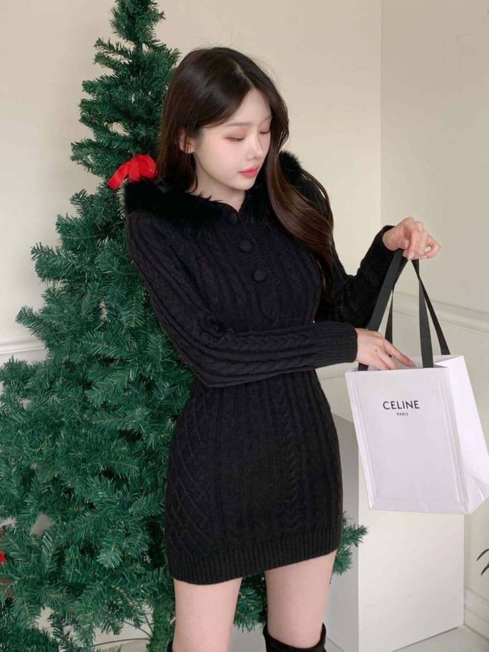 2026 신제품 순수한 욕망 바람 몸매 가꾸기 슬림해 보이는 심지어 모자 밴드 모피 칼라 꽈배기 쇼트 스타일 드레스 타이트 스커트 상세 이미지 8