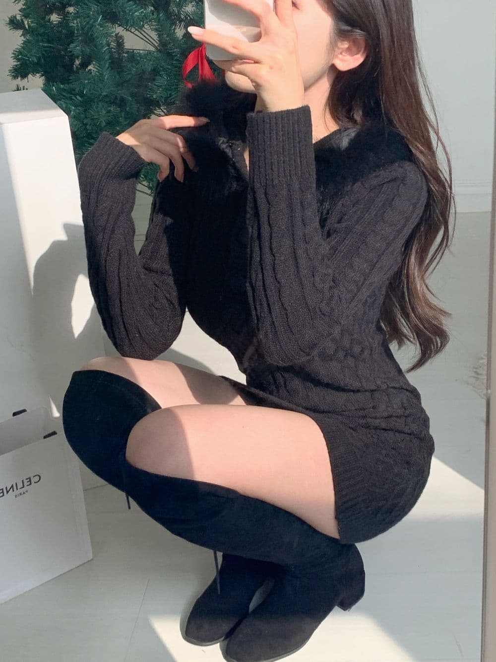 2026 신제품 순수한 욕망 바람 몸매 가꾸기 슬림해 보이는 심지어 모자 밴드 모피 칼라 꽈배기 쇼트 스타일 드레스 타이트 스커트 상세 이미지 9