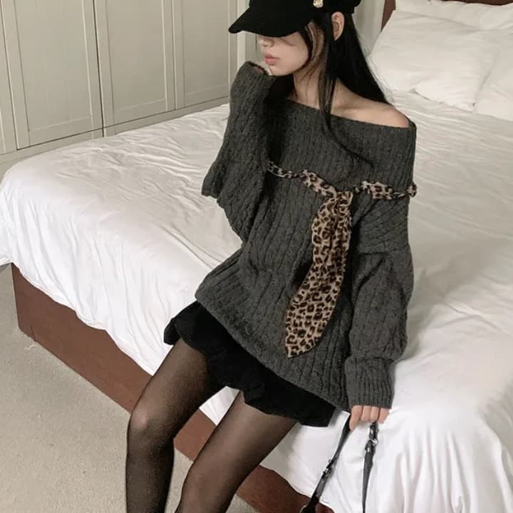 한국 chic 가을 프랑스식 작은 섹시함 보트넥 오프숄더 패치워크 레오파드 무늬 리본 디자인 센스 긴팔 스웨터 여자 이미지 2