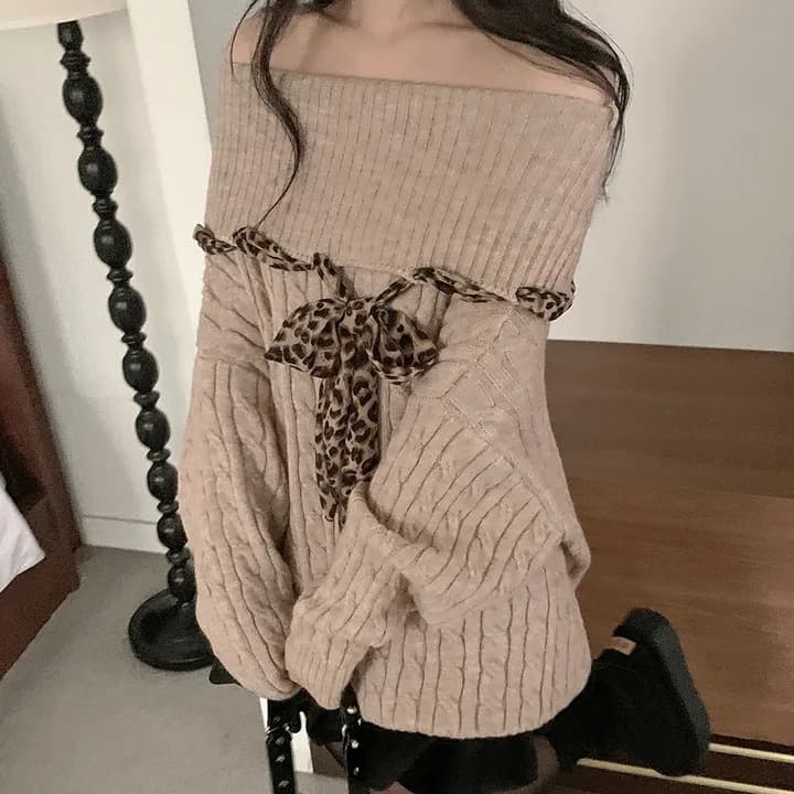 한국 chic 가을 프랑스식 작은 섹시함 보트넥 오프숄더 패치워크 레오파드 무늬 리본 디자인 센스 긴팔 스웨터 여자 이미지 3