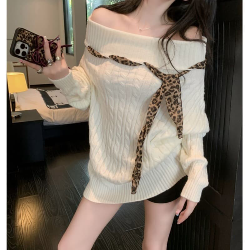 한국 chic 가을 프랑스식 작은 섹시함 보트넥 오프숄더 패치워크 레오파드 무늬 리본 디자인 센스 긴팔 스웨터 여자 상세 이미지 2