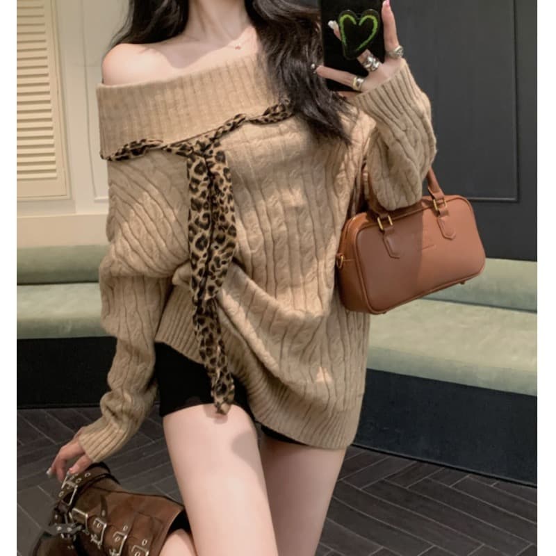한국 chic 가을 프랑스식 작은 섹시함 보트넥 오프숄더 패치워크 레오파드 무늬 리본 디자인 센스 긴팔 스웨터 여자 상세 이미지 4