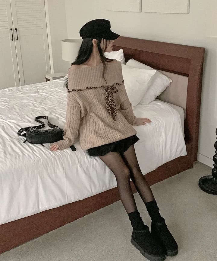 한국 chic 가을 프랑스식 작은 섹시함 보트넥 오프숄더 패치워크 레오파드 무늬 리본 디자인 센스 긴팔 스웨터 여자 상세 이미지 10