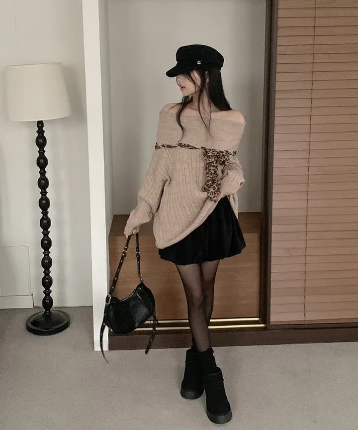 한국 chic 가을 프랑스식 작은 섹시함 보트넥 오프숄더 패치워크 레오파드 무늬 리본 디자인 센스 긴팔 스웨터 여자 상세 이미지 11