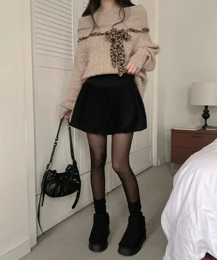 한국 chic 가을 프랑스식 작은 섹시함 보트넥 오프숄더 패치워크 레오파드 무늬 리본 디자인 센스 긴팔 스웨터 여자 상세 이미지 12