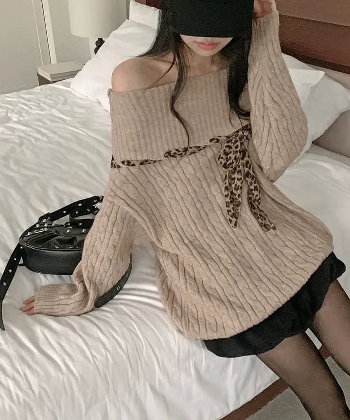 한국 chic 가을 프랑스식 작은 섹시함 보트넥 오프숄더 패치워크 레오파드 무늬 리본 디자인 센스 긴팔 스웨터 여자 상세 이미지 13