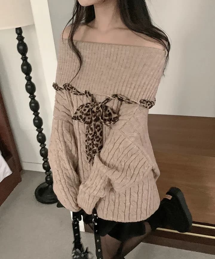 한국 chic 가을 프랑스식 작은 섹시함 보트넥 오프숄더 패치워크 레오파드 무늬 리본 디자인 센스 긴팔 스웨터 여자 상세 이미지 16