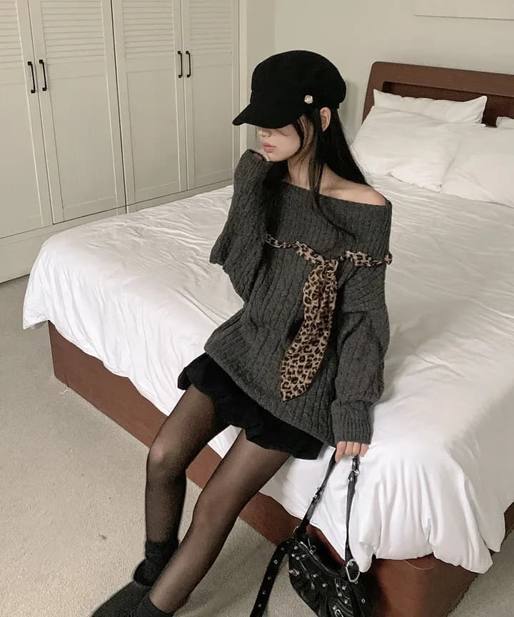 한국 chic 가을 프랑스식 작은 섹시함 보트넥 오프숄더 패치워크 레오파드 무늬 리본 디자인 센스 긴팔 스웨터 여자 상세 이미지 17