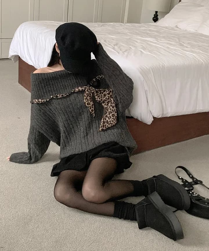 한국 chic 가을 프랑스식 작은 섹시함 보트넥 오프숄더 패치워크 레오파드 무늬 리본 디자인 센스 긴팔 스웨터 여자 상세 이미지 20