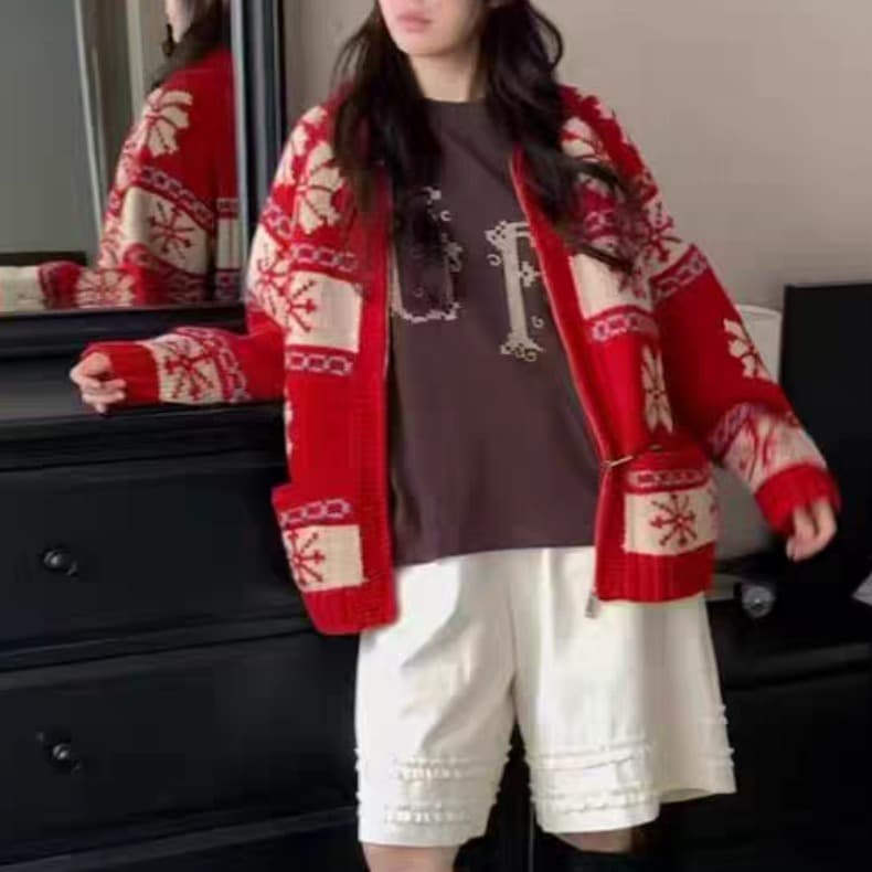 chic 한 부서 레트로 공정한 섬 자카드 재킷 가을 겨울 느긋한 바람 루즈핏 스웨터 오픈 가디건 여성 이미지 4