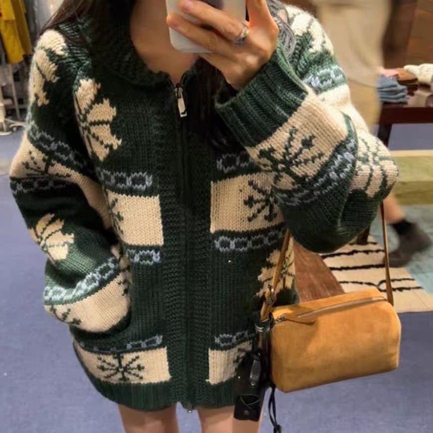 chic 한 부서 레트로 공정한 섬 자카드 재킷 가을 겨울 느긋한 바람 루즈핏 스웨터 오픈 가디건 여성 이미지 2