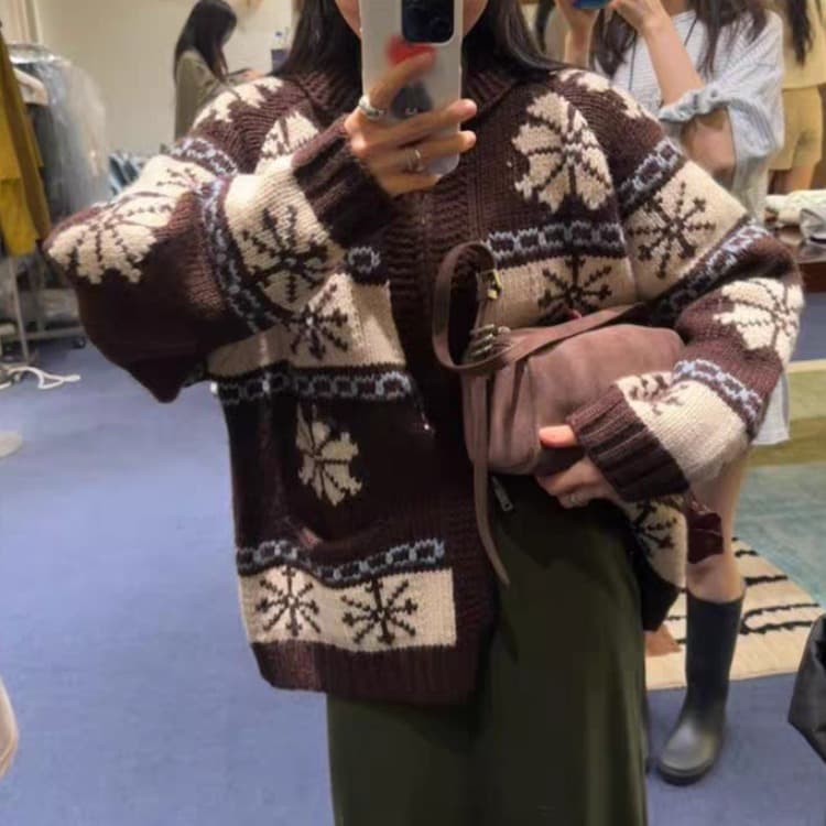 chic 한 부서 레트로 공정한 섬 자카드 재킷 가을 겨울 느긋한 바람 루즈핏 스웨터 오픈 가디건 여성 이미지 3