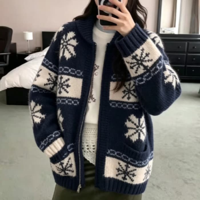 chic 한 부서 레트로 공정한 섬 자카드 재킷 가을 겨울 느긋한 바람 루즈핏 스웨터 오픈 가디건 여성