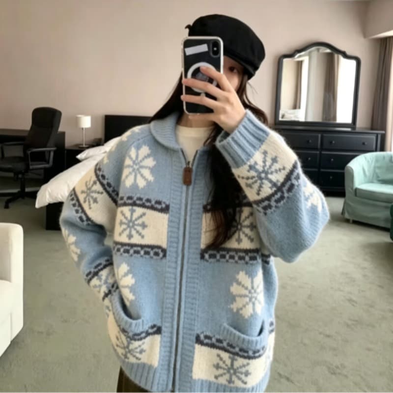 chic 한 부서 레트로 공정한 섬 자카드 재킷 가을 겨울 느긋한 바람 루즈핏 스웨터 오픈 가디건 여성 이미지 5