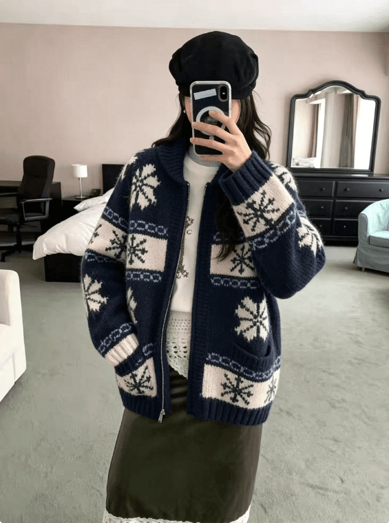 chic 한 부서 레트로 공정한 섬 자카드 재킷 가을 겨울 느긋한 바람 루즈핏 스웨터 오픈 가디건 여성 상세 이미지 1