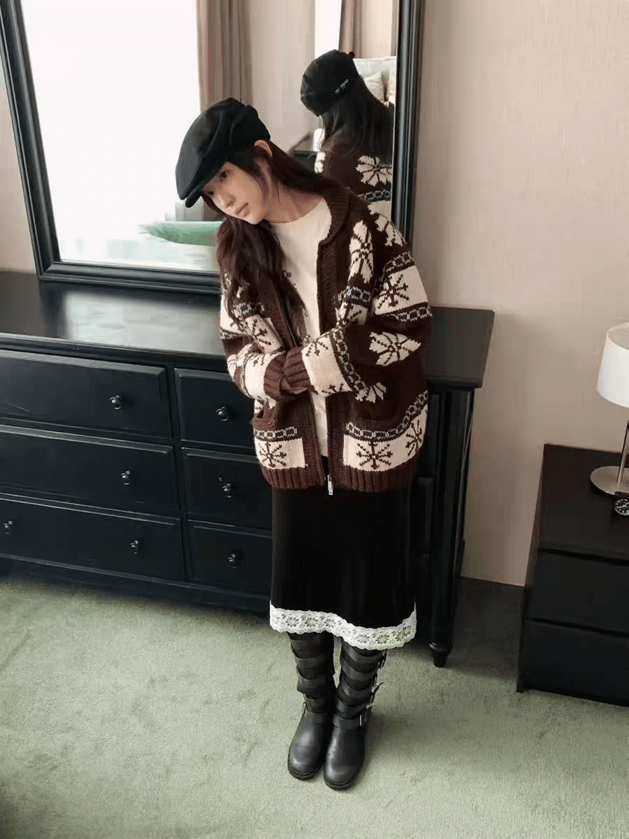 chic 한 부서 레트로 공정한 섬 자카드 재킷 가을 겨울 느긋한 바람 루즈핏 스웨터 오픈 가디건 여성 상세 이미지 3