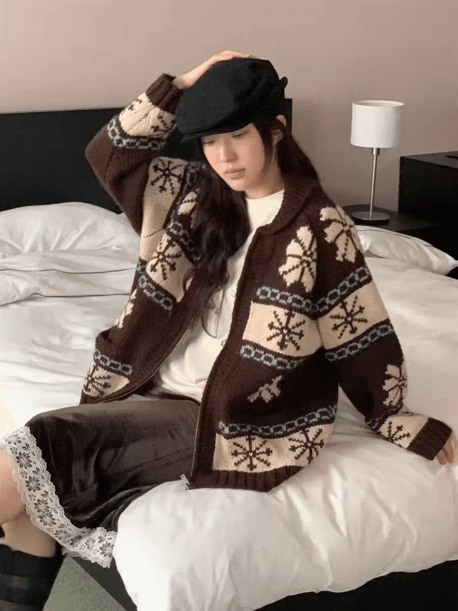 chic 한 부서 레트로 공정한 섬 자카드 재킷 가을 겨울 느긋한 바람 루즈핏 스웨터 오픈 가디건 여성 상세 이미지 4