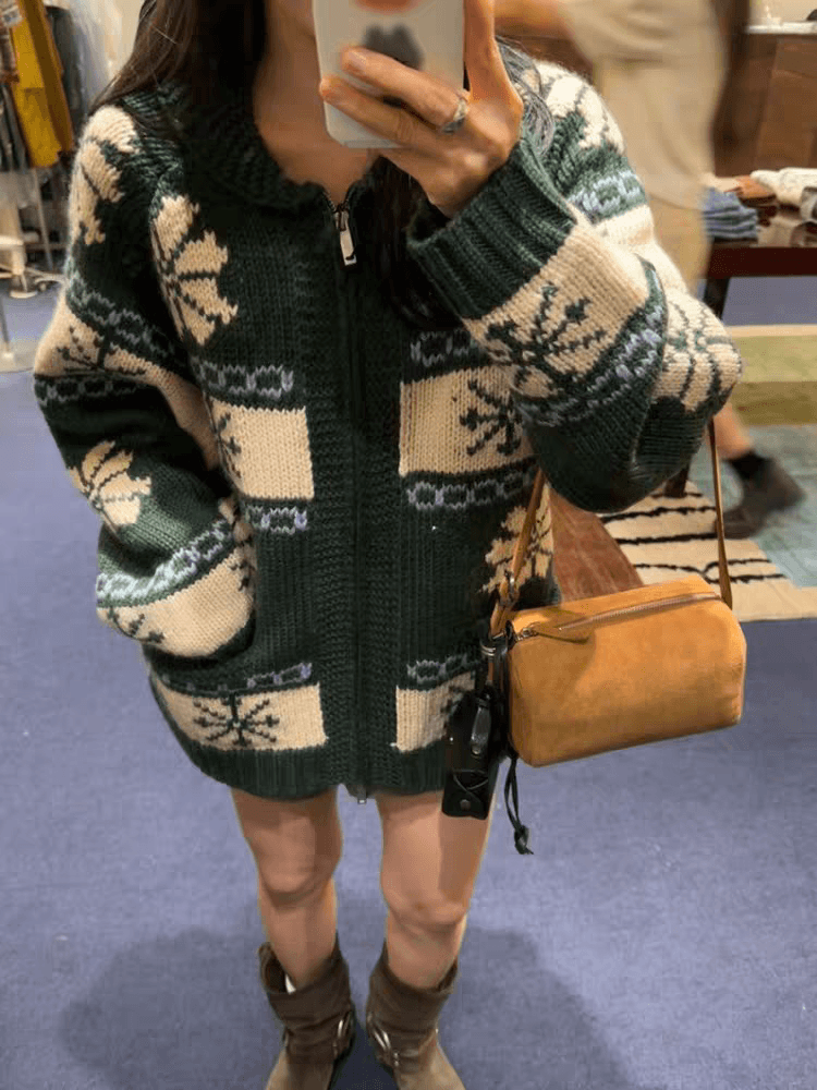 chic 한 부서 레트로 공정한 섬 자카드 재킷 가을 겨울 느긋한 바람 루즈핏 스웨터 오픈 가디건 여성 상세 이미지 7