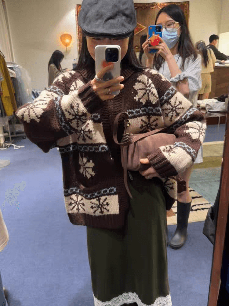 chic 한 부서 레트로 공정한 섬 자카드 재킷 가을 겨울 느긋한 바람 루즈핏 스웨터 오픈 가디건 여성 상세 이미지 8