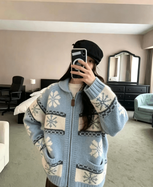 chic 한 부서 레트로 공정한 섬 자카드 재킷 가을 겨울 느긋한 바람 루즈핏 스웨터 오픈 가디건 여성 상세 이미지 9