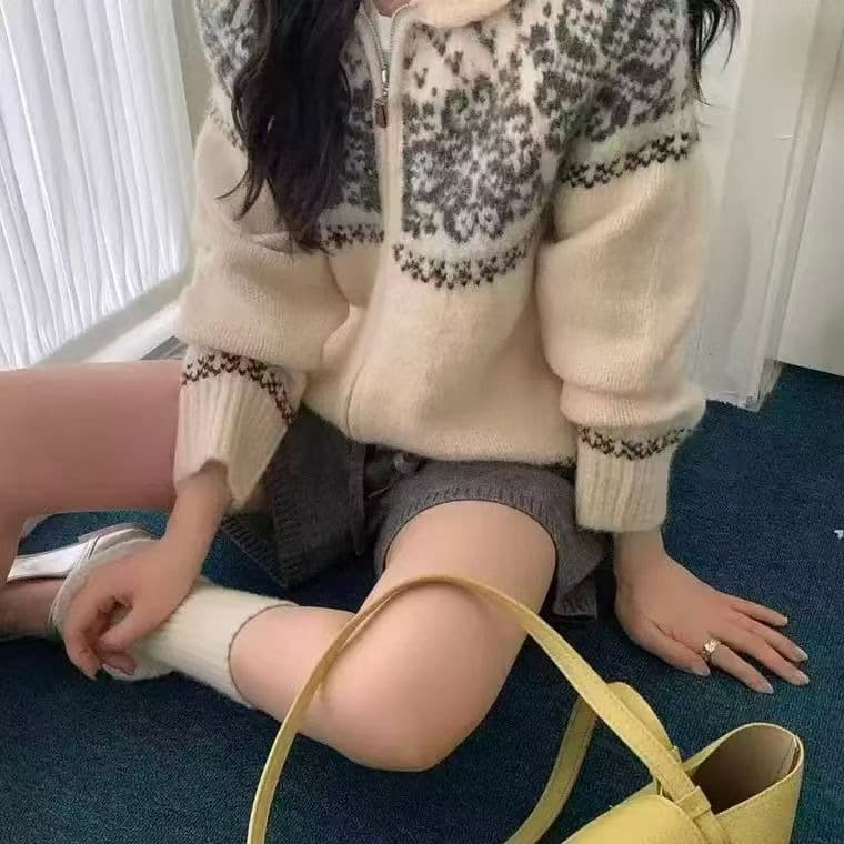 한국 공정한 섬 자카드 폴로 칼라 스웨터 오픈 가디건 여성 코트 가을 겨울 두꺼운 느긋한 바람 니트 맨위 이미지 3