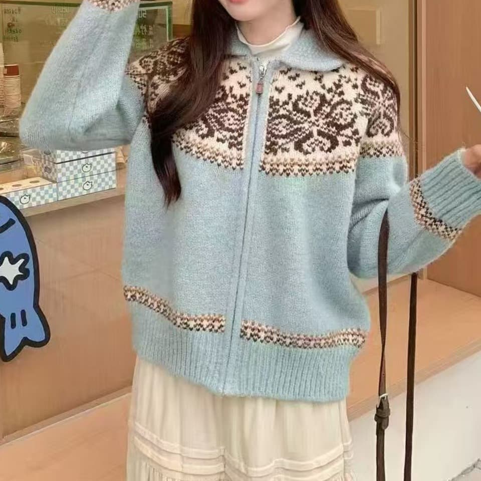 한국 공정한 섬 자카드 폴로 칼라 스웨터 오픈 가디건 여성 코트 가을 겨울 두꺼운 느긋한 바람 니트 맨위 이미지 4