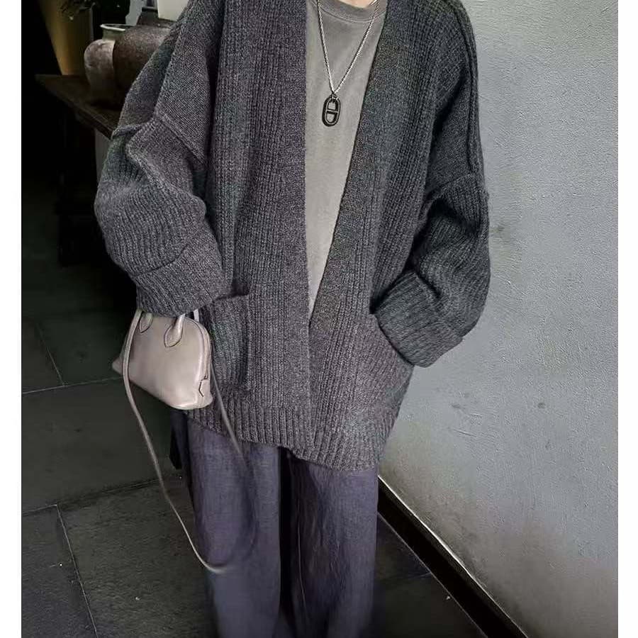 가을 겨울 새로운 프랑스식 레트로 양모 V넥 니트 오픈 가디건 여성 루즈핏 느긋한 캐주얼 질감 센스 스웨터 코트 이미지 5