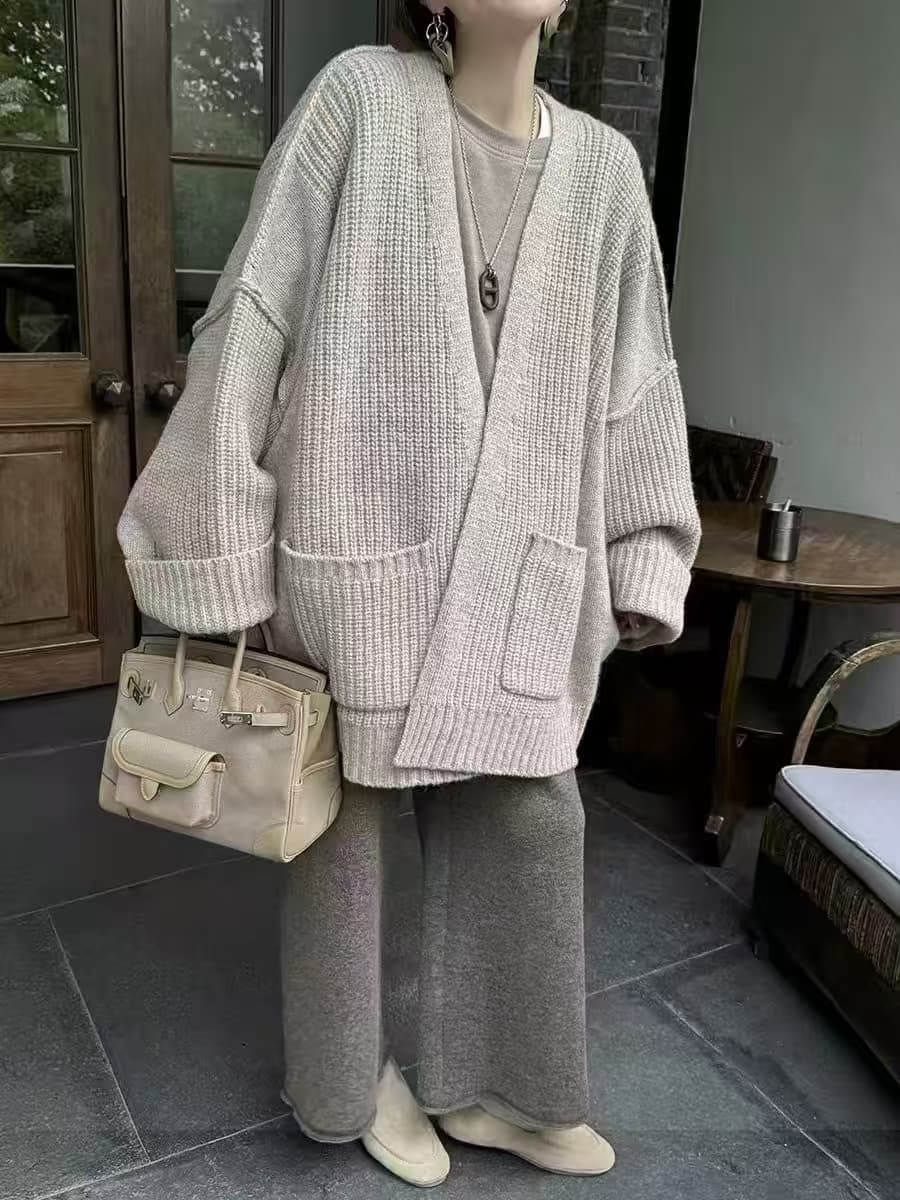 가을 겨울 새로운 프랑스식 레트로 양모 V넥 니트 오픈 가디건 여성 루즈핏 느긋한 캐주얼 질감 센스 스웨터 코트 상세 이미지 10