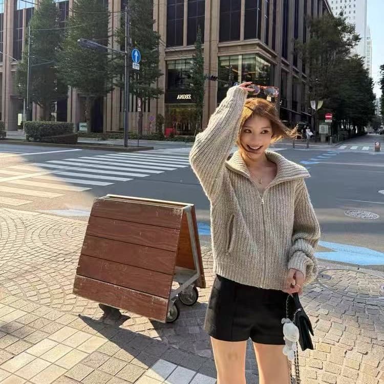 게으른 오트밀 색상 두꺼운 니트 스웨터 여자 2026 년 가을 겨울 새로운 두꺼운 폴로 칼라 쇼트 스타일 지퍼 카디건 코트 이미지 3