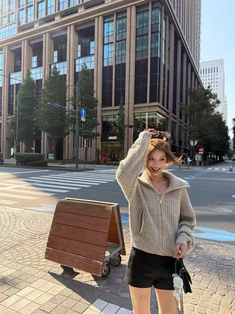 게으른 오트밀 색상 두꺼운 니트 스웨터 여자 2026 년 가을 겨울 새로운 두꺼운 폴로 칼라 쇼트 스타일 지퍼 카디건 코트 상세 이미지 3