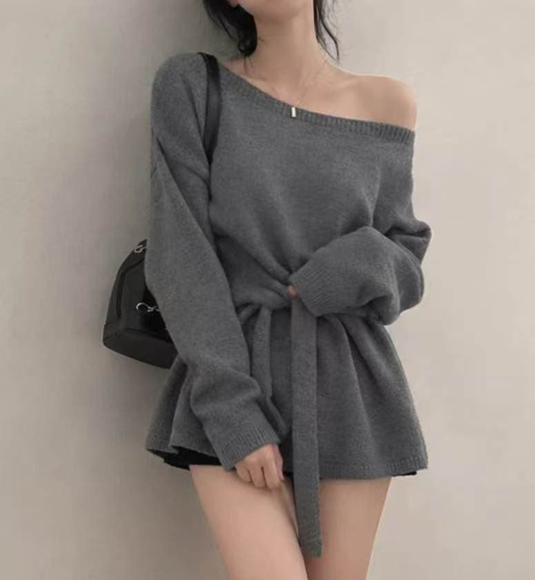 있음 선적 사이즈 업데이트 한국 chic 가을 겨울 한 부서 디자인 센스 레이스업 허리 수축 슬림해 보이는 니트 스웨터 셔츠