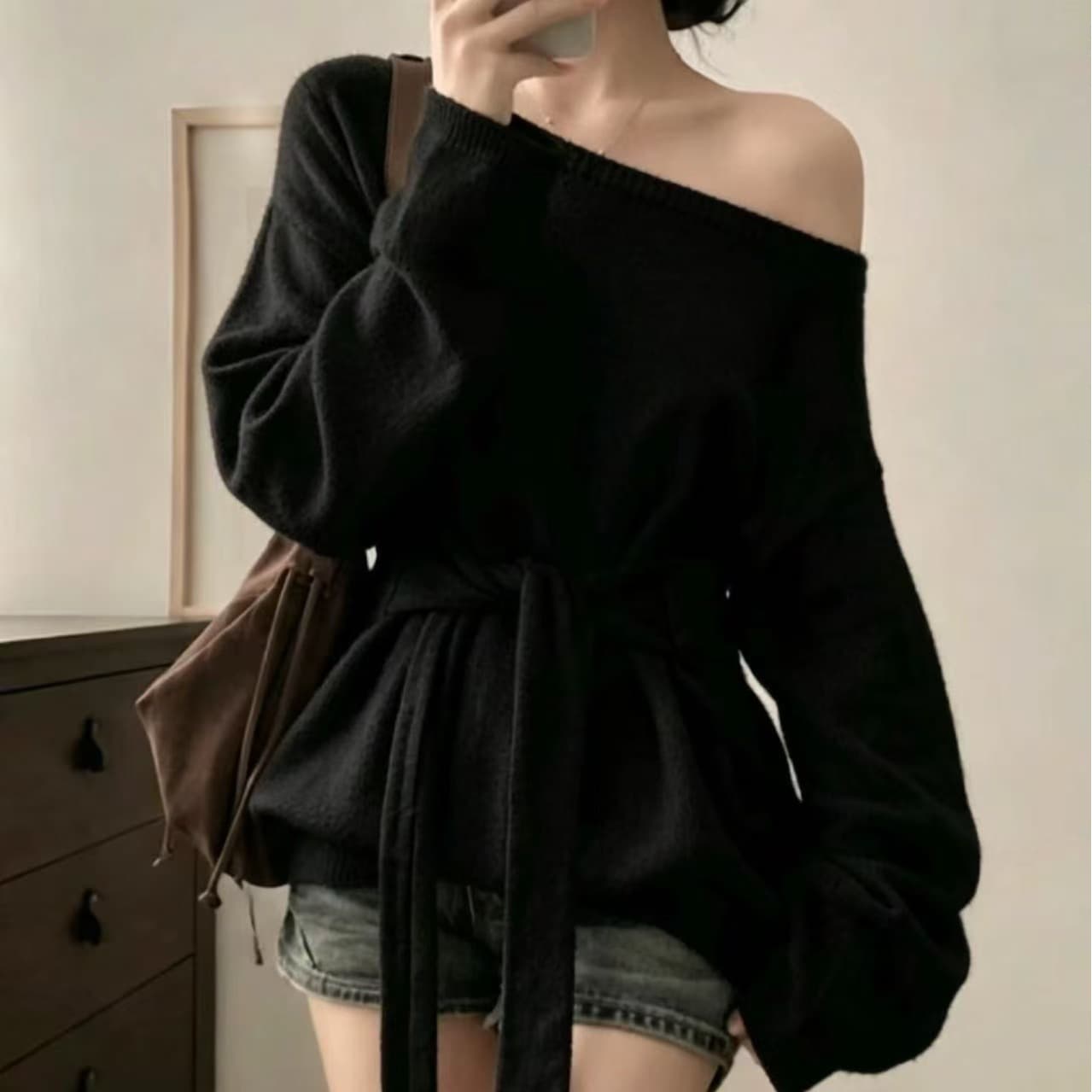 있음 선적 사이즈 업데이트 한국 chic 가을 겨울 한 부서 디자인 센스 레이스업 허리 수축 슬림해 보이는 니트 스웨터 셔츠 이미지 5
