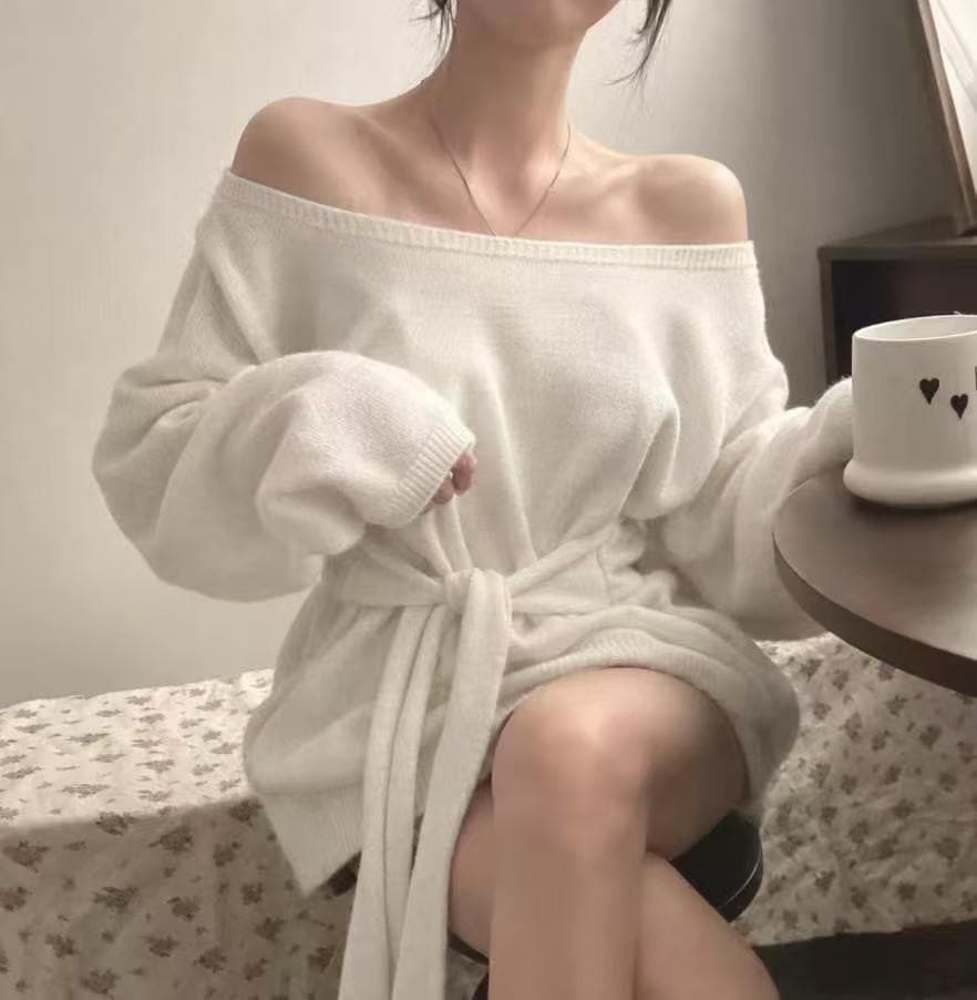 있음 선적 사이즈 업데이트 한국 chic 가을 겨울 한 부서 디자인 센스 레이스업 허리 수축 슬림해 보이는 니트 스웨터 셔츠 상세 이미지 2