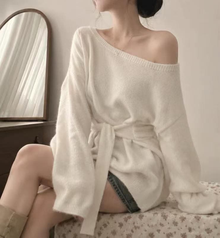 있음 선적 사이즈 업데이트 한국 chic 가을 겨울 한 부서 디자인 센스 레이스업 허리 수축 슬림해 보이는 니트 스웨터 셔츠 상세 이미지 3