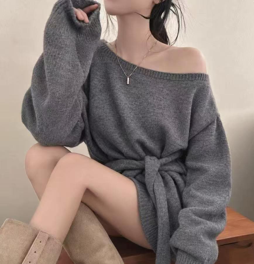 있음 선적 사이즈 업데이트 한국 chic 가을 겨울 한 부서 디자인 센스 레이스업 허리 수축 슬림해 보이는 니트 스웨터 셔츠 상세 이미지 6