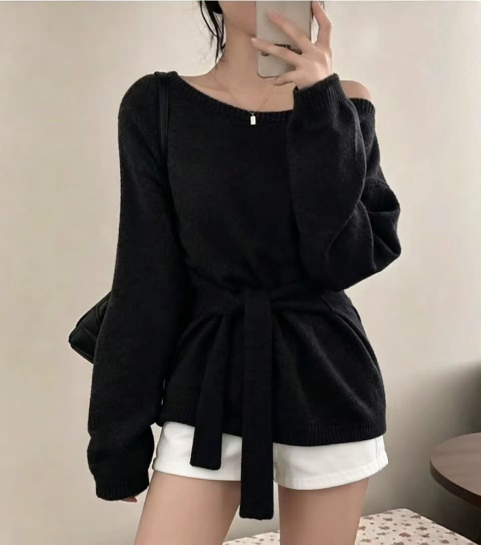 있음 선적 사이즈 업데이트 한국 chic 가을 겨울 한 부서 디자인 센스 레이스업 허리 수축 슬림해 보이는 니트 스웨터 셔츠 상세 이미지 7