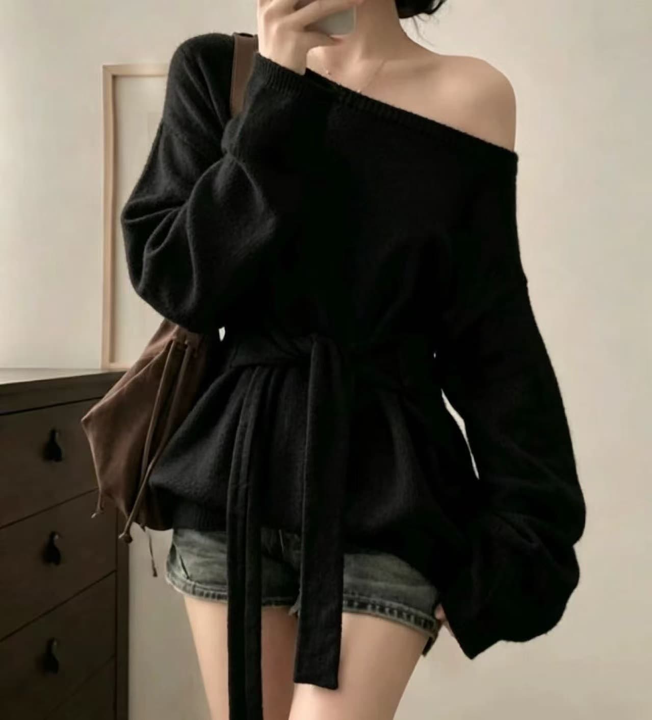 있음 선적 사이즈 업데이트 한국 chic 가을 겨울 한 부서 디자인 센스 레이스업 허리 수축 슬림해 보이는 니트 스웨터 셔츠 상세 이미지 8