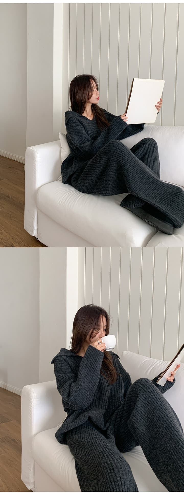한국 가을 겨울 느긋한 바람 단색 V넥 느긋한 루즈핏 스웨터 미니멀리즘 다용도 캐주얼 바지 투피스 슈트 상세 이미지 10