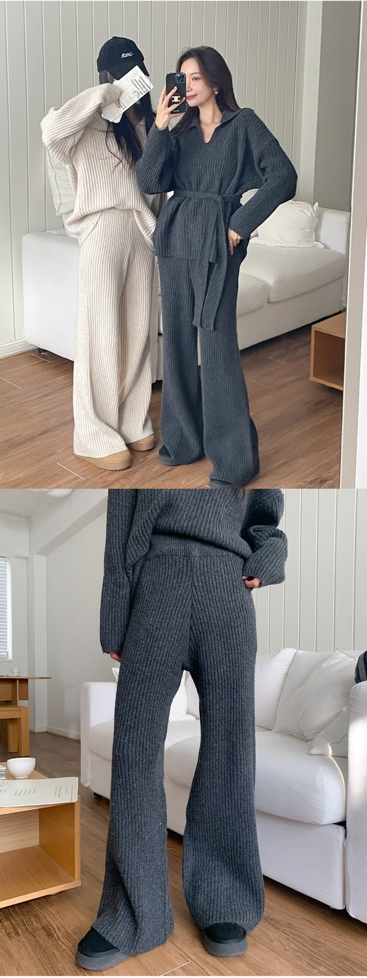 한국 가을 겨울 느긋한 바람 단색 V넥 느긋한 루즈핏 스웨터 미니멀리즘 다용도 캐주얼 바지 투피스 슈트 상세 이미지 12