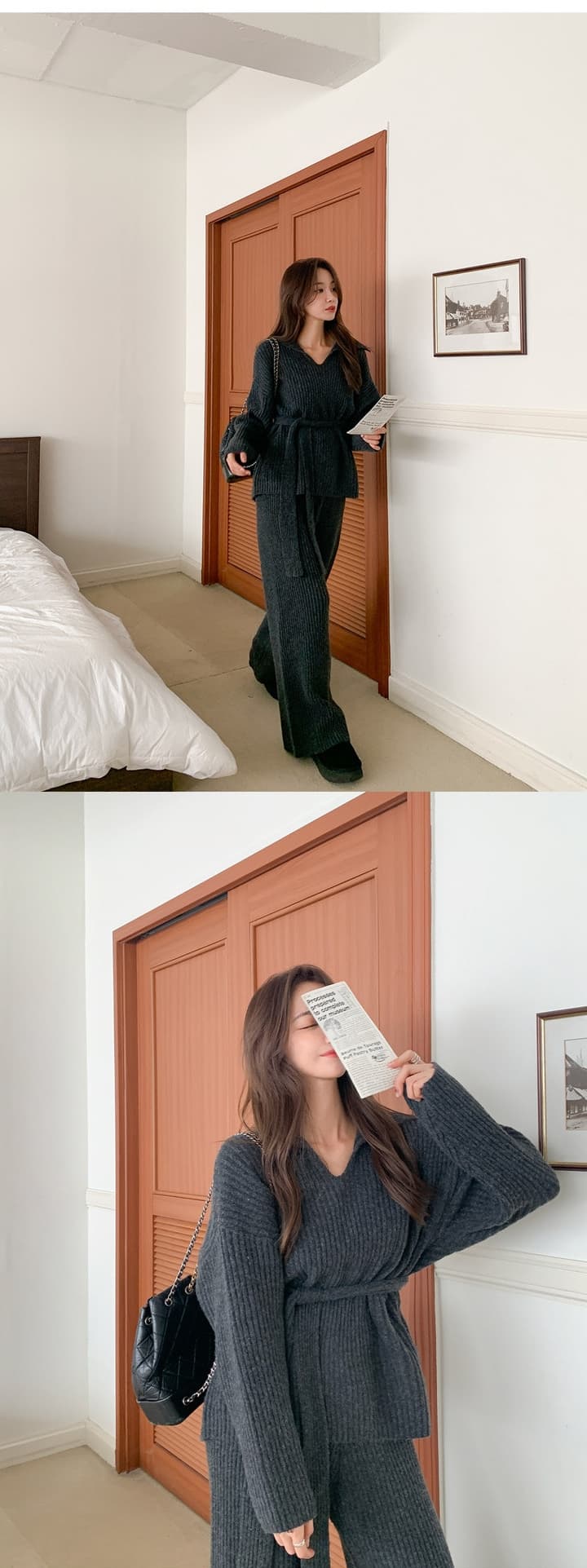 한국 가을 겨울 느긋한 바람 단색 V넥 느긋한 루즈핏 스웨터 미니멀리즘 다용도 캐주얼 바지 투피스 슈트 상세 이미지 15