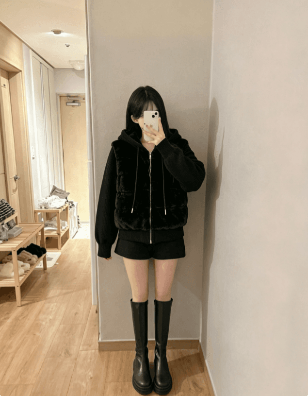 실사 한 부서 두꺼운 후드 겨울 디자인 센스 페이크 레이어드 니트 스티치 슬리브 모방 fall 털 후드 재킷 상세 이미지 1