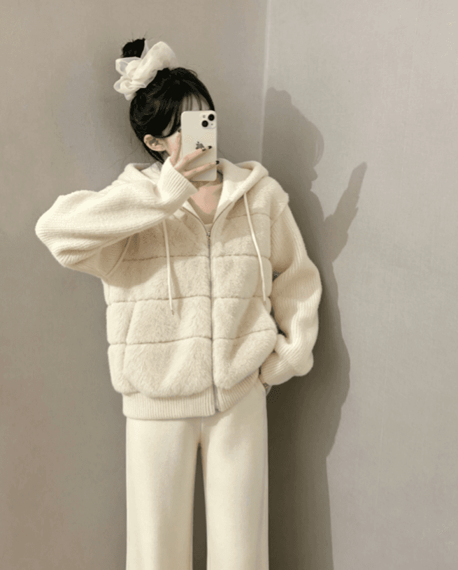 실사 한 부서 두꺼운 후드 겨울 디자인 센스 페이크 레이어드 니트 스티치 슬리브 모방 fall 털 후드 재킷 상세 이미지 3