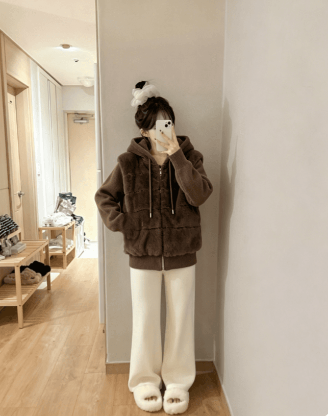 실사 한 부서 두꺼운 후드 겨울 디자인 센스 페이크 레이어드 니트 스티치 슬리브 모방 fall 털 후드 재킷 상세 이미지 6