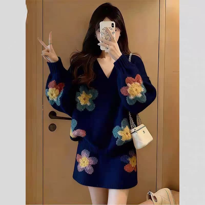 겨울 코디 전체 집합 고유 한 패션 고급 센스 슈퍼 잘 생긴 느긋한 부드러운 찹쌀 스웨터 반신 스커트 투피스 슈트 이미지 2