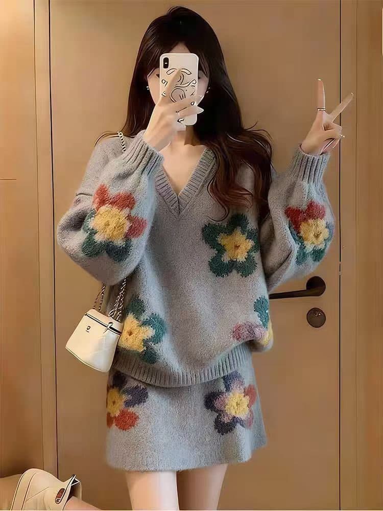겨울 코디 전체 집합 고유 한 패션 고급 센스 슈퍼 잘 생긴 느긋한 부드러운 찹쌀 스웨터 반신 스커트 투피스 슈트 이미지 3