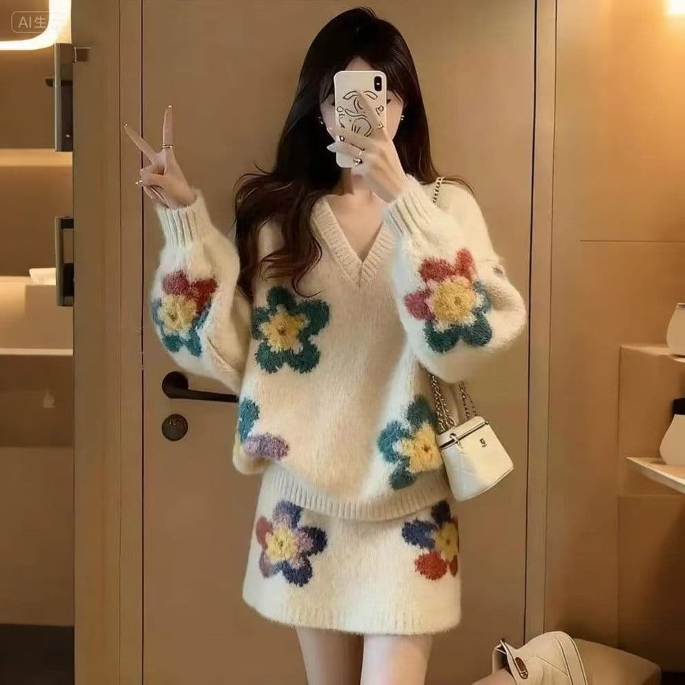 겨울 코디 전체 집합 고유 한 패션 고급 센스 슈퍼 잘 생긴 느긋한 부드러운 찹쌀 스웨터 반신 스커트 투피스 슈트