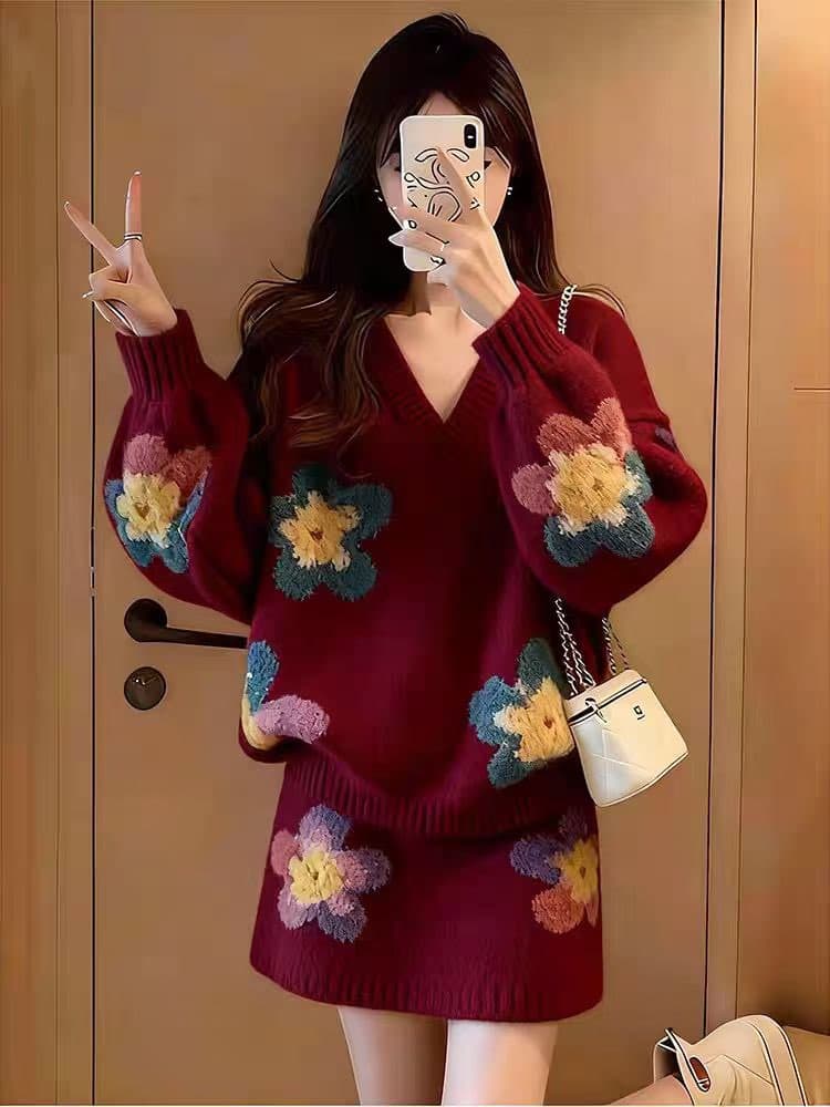 겨울 코디 전체 집합 고유 한 패션 고급 센스 슈퍼 잘 생긴 느긋한 부드러운 찹쌀 스웨터 반신 스커트 투피스 슈트 상세 이미지 1