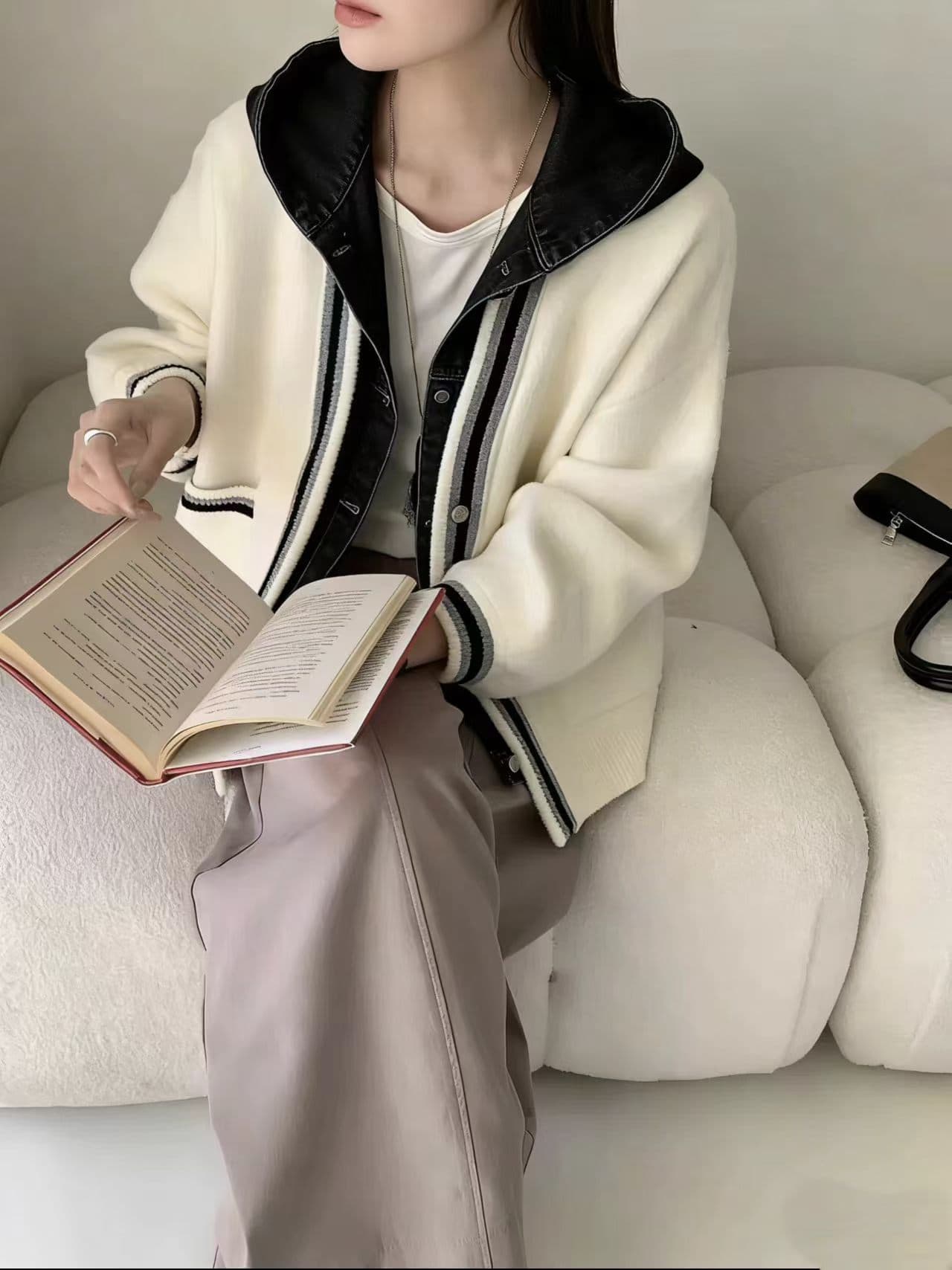 섹션 다용도 학원 피닉스 후드 패치워크 데님 대 여성 세트 쇼트 스타일 아니요 백작 센스 페이크 레이어드 니트 스웨터 맨위 이미지 4